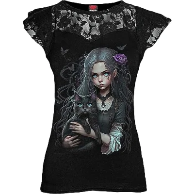 Image of Spiral Goth Familiar Lace Layered Cap Sleeve Top Black XL