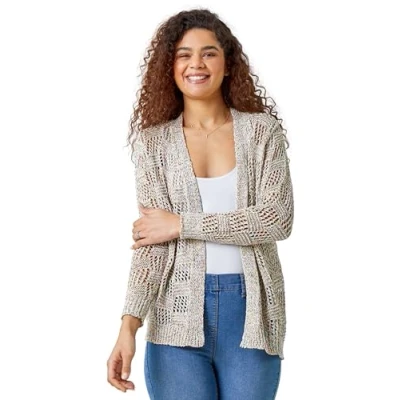 Image of Roman Originals Tape Knit Cotton Blend Cardigan for Women UK Ladies Everyday Holiday Spring Summer Comfy Soft Evening Vacation Work Party Multi Size 18