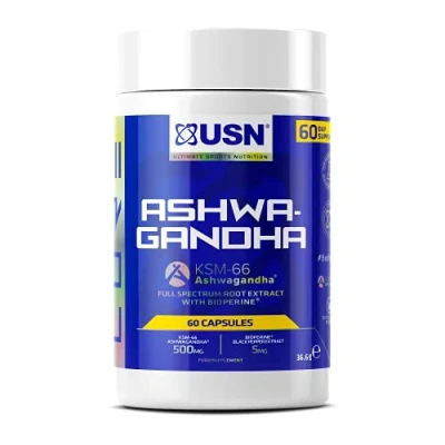 Image of USN Ashwagandha, KSM 66 Dietary Supplement 60 Capsules, Premium Natural Stress Relief Supplement, Added Bioperine to Aid with Absorption, Daily