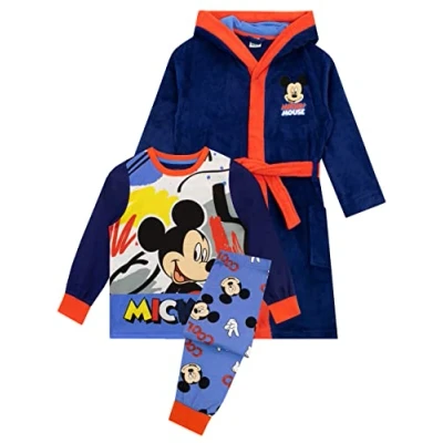 Image of Disney Boys Pyjamas and Dressing Gown Set Mickey Mouse Blue 12 18 Months
