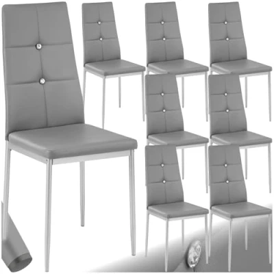 Image of TecTake® Set of 8 Dining Chairs with Faux Leather Covers &amp; Rhinestones, Chair High Backrests, Slim Steel Legs Soft Padding, Ideal as Kitchen Room Grey