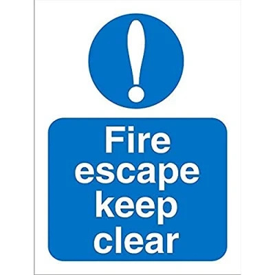 Image of Seco Fire Escape Keep Clear Sign, 150mm x 200mm Self Adhesive Vinyl, Blue/Clear/White