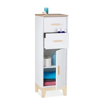Image of Relaxdays Bathroom Cabinet, 2 Drawers, Door Compartment, HxWxD: 97.5 x 32 28 cm, Niches &amp; Hallway, Storage Unit, White