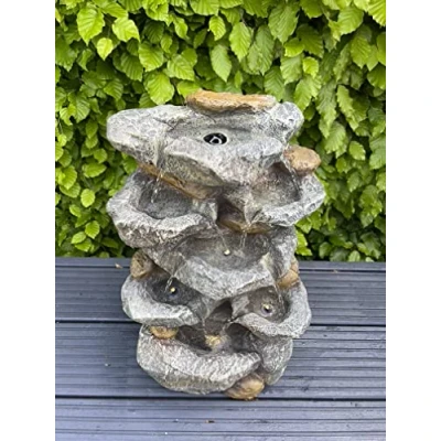 Image of allpondsolutions Rock Waterfall Water Feature x 7 Bowls with LED Lights Solar Powered Panel 46x32x26cm