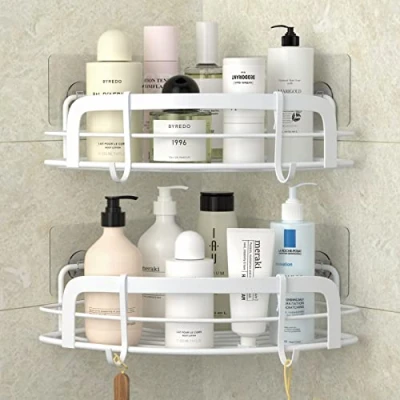 Image of STEUGO 2 Pack Corner Shower with 4 Hooks Adhesive, Bathroom Rack Rust Resistant SUS304 Stainless Steel for Dorm Kitchen Storage (White)