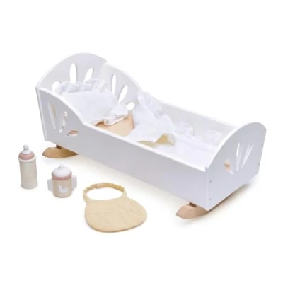 Image of Tender Leaf Toys Sweet Swan Dolly Bed Wooden Baby Doll Rocking Cot Cradle With Bedding