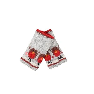 Image of Pachamama Women Wool Hand Warmers Fleece Lined Handknitted Robin Multicoloured One Size Handmade Extra Warm Fair Trade