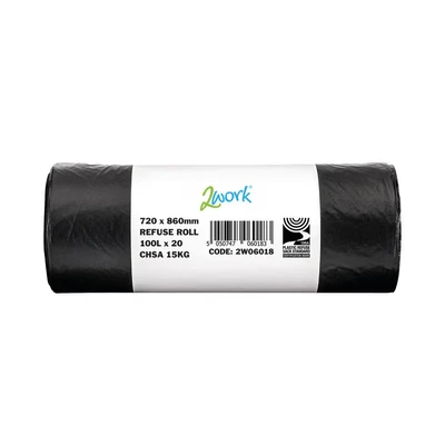 Image of 2Work Refuse Sacks 100 Litre 20 Bags per Roll (10 Pack)