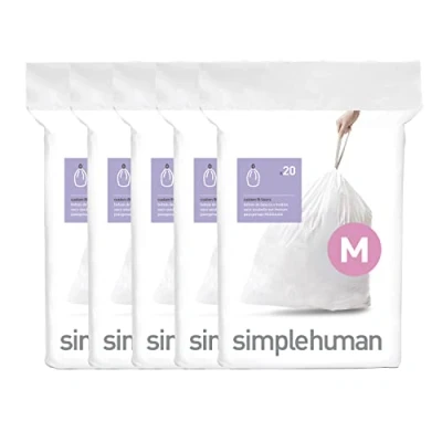 Image of simplehuman Code M 100 Liners, 50% Recycled Custom Fit Bin Bags in Dispenser Packs with Durable Drawstring Tie Handle, 45L, White