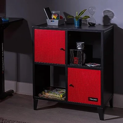 Image of X Rocker Mesh Tek Metal Sideboard Display Cabinet, Square 4 Cube Storage Locker Media Unit with 2 Cupboard Doors and Shelves Black &amp; Red