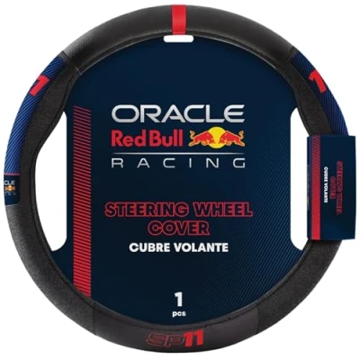 Image of Red Bull Racing Steering Wheel Cover Universal Fit, Perforated Leather with Cloth Grips, Sporty Design, Protects &amp; Enhances Your Vehicle’s Style (RBSWC002SPBR)