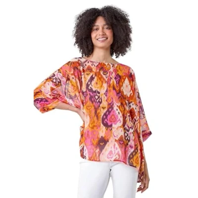 Image of Roman Womens Aztec Print Chiffon Overlay Top Orange Size Small/Medium