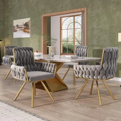 Image of ModernLuxe Dining Chairs Set of 4, 360 Swivel Chairs, Light Luxury Kitchen with Raised Backrest and Metal Support Legs, Velvet for Living Room Vanity, Grey