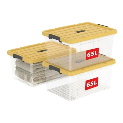 Image of Cetomo 65L*3 Storage Boxes, Carry Plastic Box with Lids, Organizing Container Handle and Latching Buckles, Stackable, Nestable, Tote Bin for Home Office Clothes, 65L 3Pack, Clear &amp; Yellow