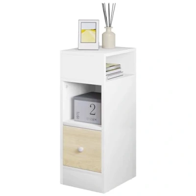 Image of eSituro Narrow Bedside Table with 2 Open Compartments and 1 Drawer, White+Woodlook Nightstand 25x30x66 cm, Space Saving Cabinet Night for Bedroom Living Room, Wooden, SBT0006