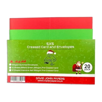 Image of DJP 5x5 Square Creased Blank Christmas Green &amp; Red Smooth Cards White Envelopes Pack of 20