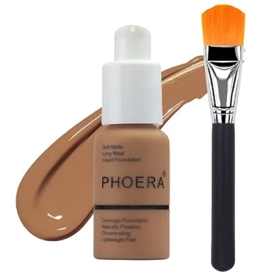 Image of Glamza PHOERA Foundation Concealer Makeup Full Coverage Matte Brighten Long Lasting UK + Professional Flat Face Brush (109 MOCHA)