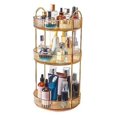 Image of 360 Rotating Makeup Organiser,Cosmetic Storage Skincare Spinning Holder Lipsticks Brushes Perfume Display Stand Box for Vanity Desk, Dresser, Bathroom (Orange 3Tier)