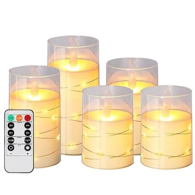 Image of HIYAA LED Flameless Candle, Candles with Embedded String Lights, 5 Pack Battery Operated Remote Control, 24 Hour Timer Function, Dancing Flame