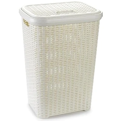 Image of 60 Litre Large Cream Plastic Laundry Basket with Lid Rattan Washing Clothes Storage Hamper Bin