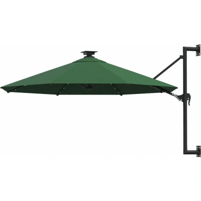 Image of vidaXL Outdoor Wall mounted Parasol with LED Lights UV Protective and Anti fade Polyester Canopy, Robust Metal Pole, Adjustable Angle, Crank System Green, Round