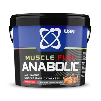 Image of USN Muscle Fuel Anabolic All In One Mass Gainer, Caramel Peanut Flavour 4kg, 54g Protein Powder, 5g Creatine Powder &amp; BCAA For Maximum Growth, Post Workout Recovery Drink Mix