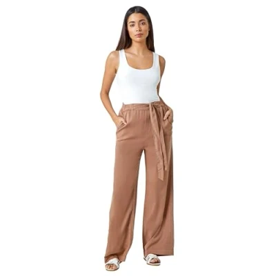 Image of Roman Originals Tie Waist Wide Leg Trousers for Women UK Ladies Everyday Holiday Spring Summer Comfy Soft Evening Vacation Work Party Tan Size 20