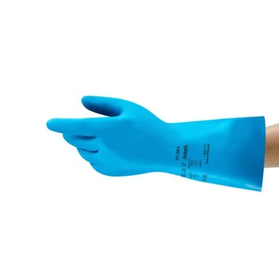 Image of Ansell AlphaTec 37 501 Chemical Resistant Gloves, High Performance Nitrile Compound, Strong Protection against Acids and Solvents, Food Approved, Industrial Safety Blue Size XL (12 Pairs)