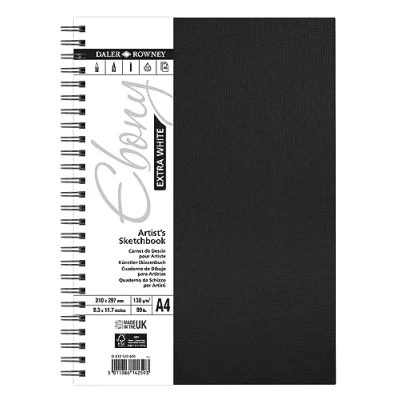 Image of Daler Rowney Extra White Ebony 130gsm A4 Hardback Portrait Sketchbook, 46 Sheets, Ideal for Professional Artists &amp; Students