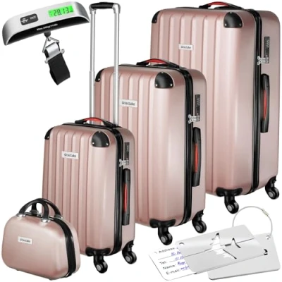 Image of TecTake® Hard Shell Suitcase Set, Lightweight Suitcases with TSA Lock Including Extra Large, Medium and Beauty Case, 360 Degree Wheels, Telescopic Handle Luggage Scale Rose Gold