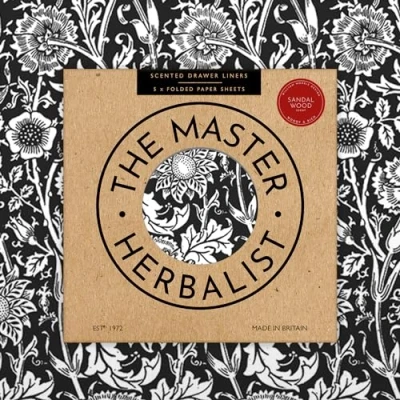 Image of The Master Herbalist Fragrant Sandalwood Scented Drawer Liners in a BLACK William Morris Design Pack of 5 Sheets (FOLDED) Contains Essential Oil Made UK