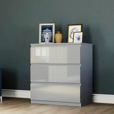 Image of Vida Designs Glinton High Gloss Chest of Drawer, 100% FSC Certified Drawers for Clothes Closet Organizers and Storage Cabinet Hallway, Entryway (Grey, 3 Drawer)