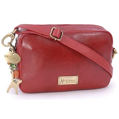 Image of Catwalk Collection Handbags Ladies Small Leather Cross Body Bag Women&#039;s Messenger Camera Adjustable Strap POLLY Red