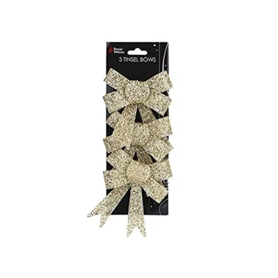 Image of Snow White Christmas Tree Gold Glitter Bows (3pk 11cm) Ornaments Xmas Decor (Gold, 11cm))