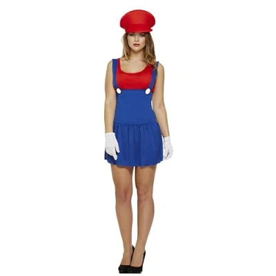 Image of HENBRANDT Adult Women’s Red Super Plumber Fancy Dress Retro 1980s Videogame and Blue Mini Overalls Moustache Brothers Workman Ladies Costume