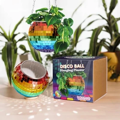 Image of Bubblegum Stuff Rainbow Disco Ball Hanging Planter Basket For Indoor Plants, Silver Chain, Herb Planter, Plant, Boho Decor Plant Pots Room 8 inch