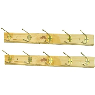 Image of Lizzy Wall Mounted Coat Hanger 5 Double Metal Hooks Wooden Board Hook Rack Pack of 2 (Natural Pine Wood)