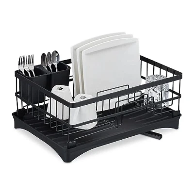 Image of Relaxdays Dish Drainer, with Drainage, Drying Rack for Plates, Bowls, Cups, HWD: 18 x 42 30 cm, Crockery Holder, Black