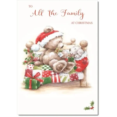 Image of doodlecards To All The Family Christmas Card Cute Bear on Bed Medium Size for with Plain Envelope