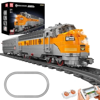 Image of Mould King 12018 Remote Control Technology US EMD F7 WP Diesel Locomotive Track Train Kit LED Lighting Block with Rail Transport Clamp (1541 PCS)