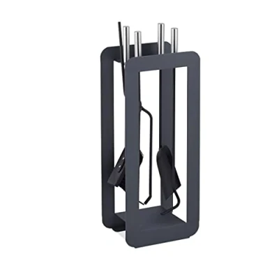 Image of Relaxdays 5 Piece Fireplace Companion Set Steel Utility Accessories, Modern, Stand, Tongs, Shovel, Poker, Grey/Silver, 90% 10% Stainless Steel, 60 x 22.5 16 cm
