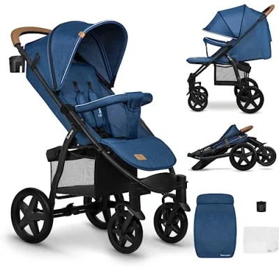 Image of LIONELO Annet Plus Pushchair from birth up to 22kg Light &amp; Foldable with Reclining backrest a lying position EVA Foam Wheels Mosquito Net Footblanket Drink Holder Basket XXL Hood (Plus, BLUE DENIM)