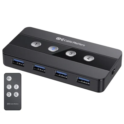 Image of Cable Matters 4 Port USB 3.0 Switch Hub/KVM Switch, Switcher for Computers and Peripherals Button or Wireless Remote Control Swapping Includes C Adapter Thunderbolt 3