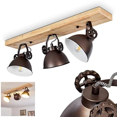 Image of Ceiling lamp Svanfolk, Metal/Wood in Black/Brown/Nature, 3 Flame, with Adjustable spotlights, x E14 Socket, Retro/Vinatge Design, Without Bulbs