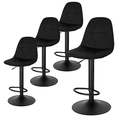 Image of Lestarain Bar Stools Set of 4 Adjustable &amp; Swivel Breakfast Kitchen Counter Pub Black Soft Velvet Barstools Chairs Dining with Backs Footrest