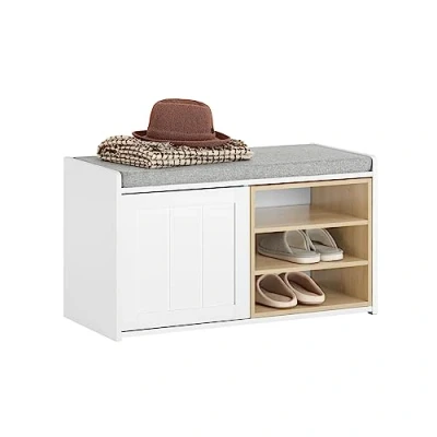 Image of SoBuy FSR109 WN, Hallway Shoe Bench Cabinet Rack, Storage with Removable Seat Cushion, White &amp; Natural