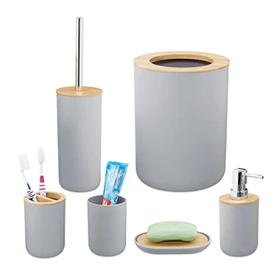 Image of Relaxdays Accessories, Set of 6, Bathroom Equipment, Soap Dispenser, Toothbrush Holder, Bucket, Bamboo, Grey, 25 x 19.5 cm