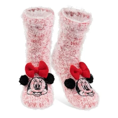 Image of Disney Minnie Mouse Hut Socks House with Bow and Sherpa Lining for Women Cuddly Fluffy Winter Warm One Size red, 6/9.5 UK