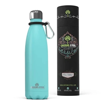 Image of Greens Steel Stainless Water Bottle 500ml, Aqua Blue Double Wall Vacuum Insulated Flask Carier Holder &amp; Gift Box Included Reusable, Leak Proof Sports for Adults Kids