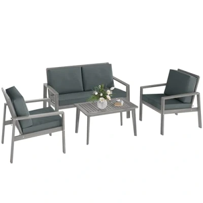 Image of Outsunny 4 Pieces Garden Furniture Set with Cushions, Wooden Sofa 1 Loveseat, 2 Armchairs and Coffee Table, Outdoor Table Chairs for Conservatory, Balcony, Patio, Light Grey